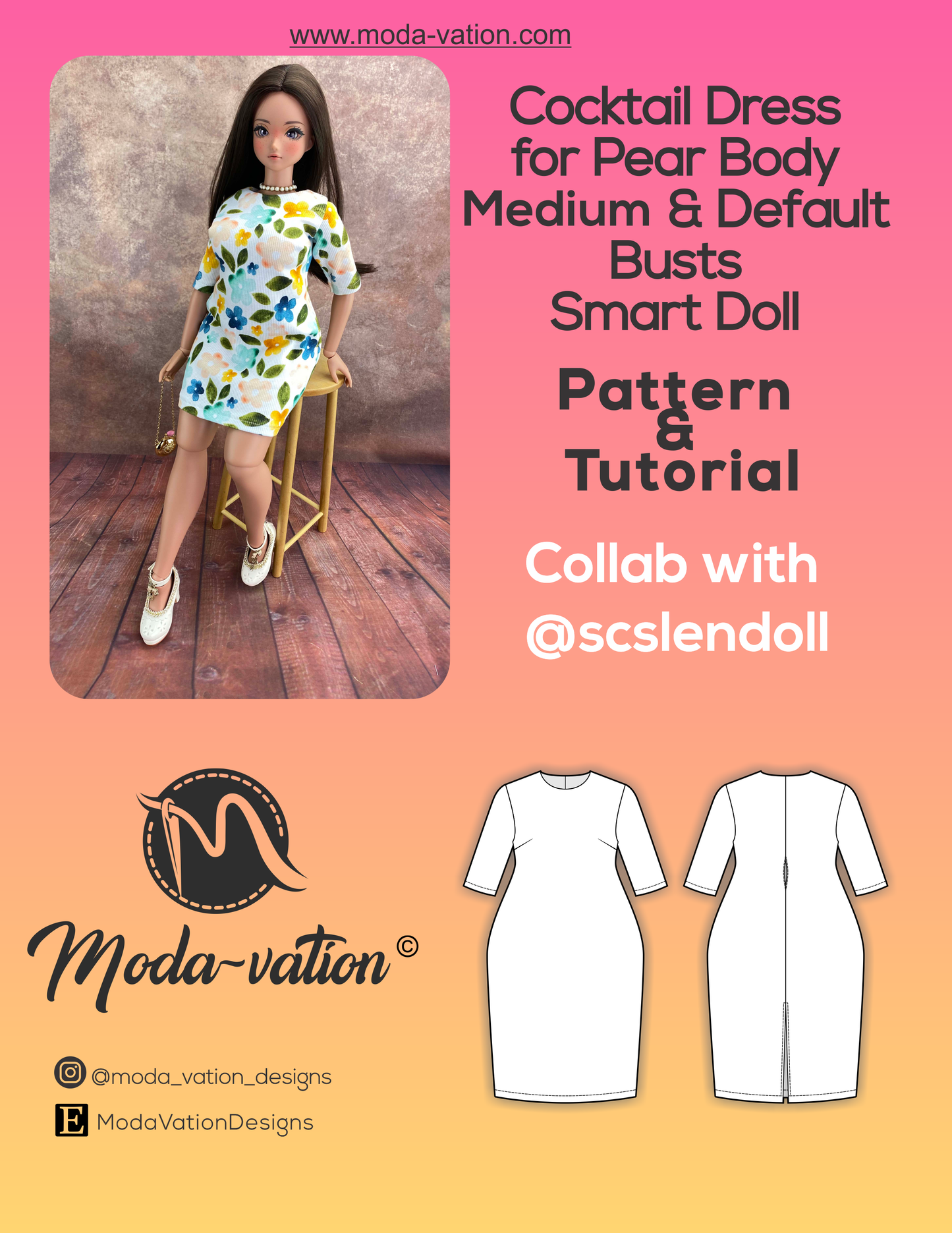 Pear Body Cocktail Dress. Smart Doll Pear Pattern for two busts medium and default. Doll clothes patterns PDF.
