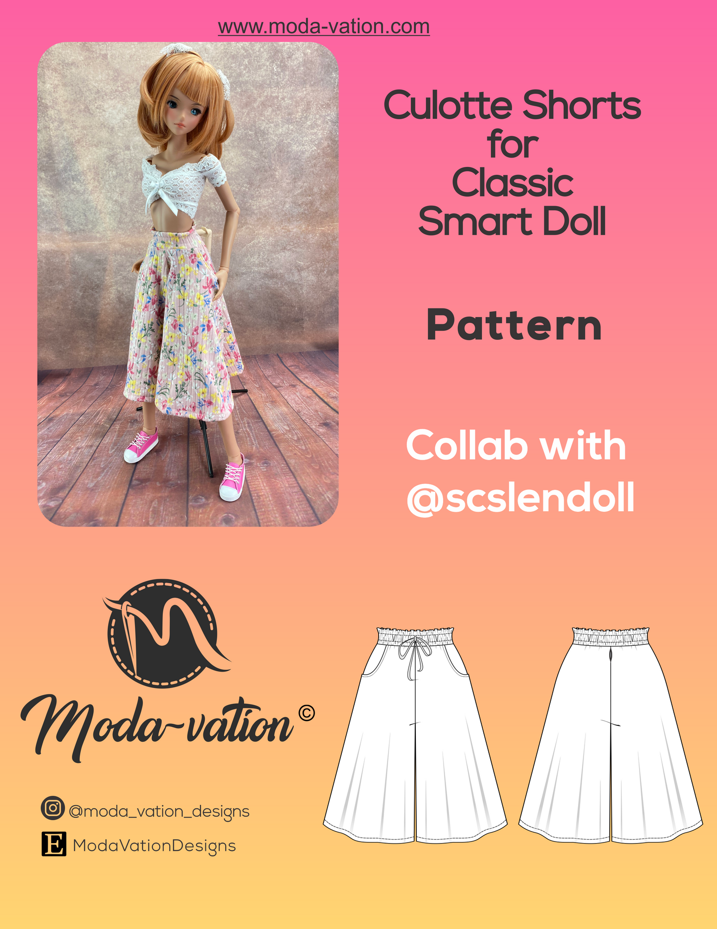 Shorts-Skirt and Culotte Short for Classic Smart Doll. Fits other 1/3 bjd dolls. Doll clothes patterns PDF.