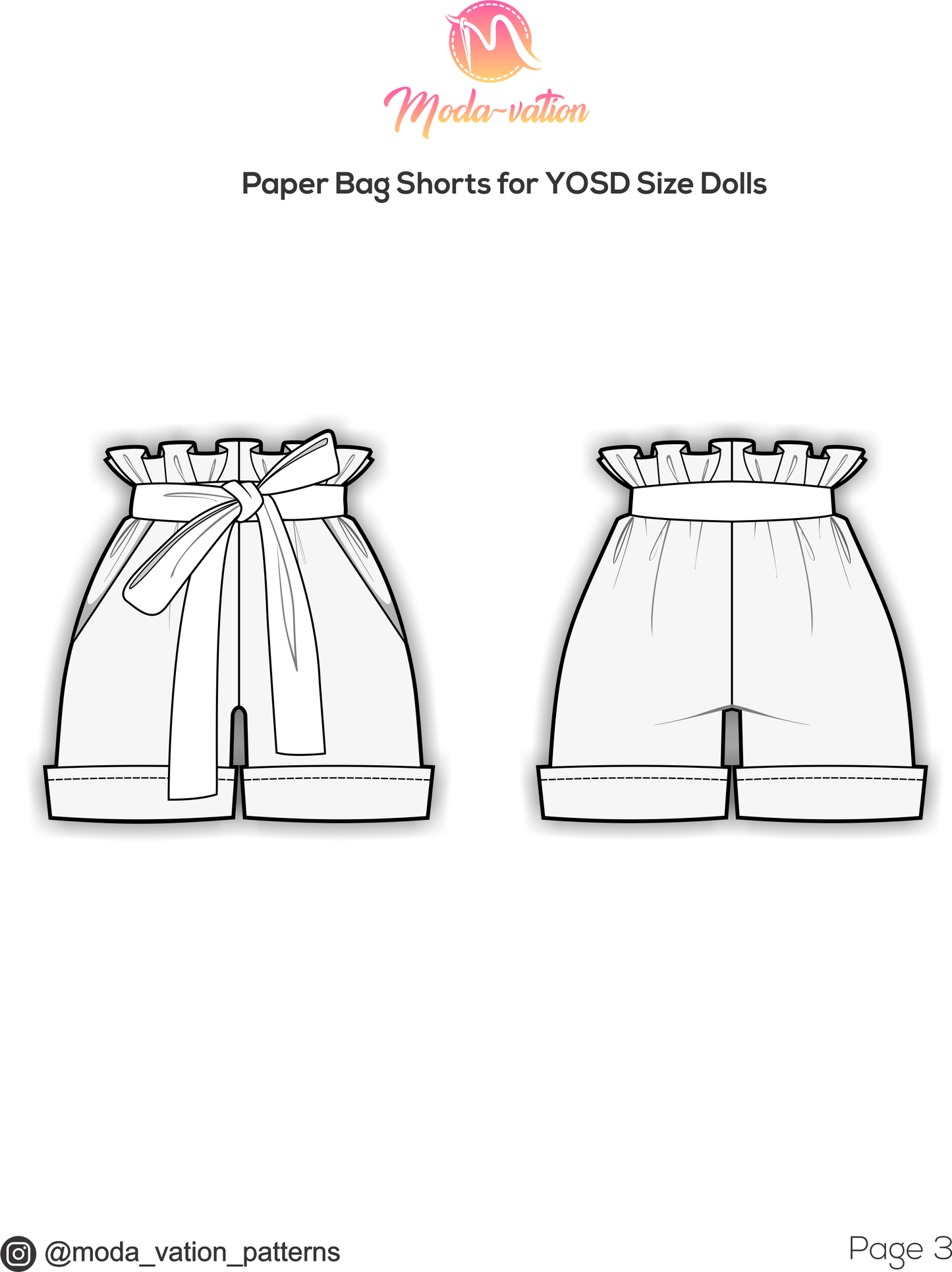 Paper Bag Shorts for YOSD size BJD dolls. Sewing Pattern for Volks, Zzang, Akagi, Dumplings. Step-by-step. Doll clothes patterns PDF.