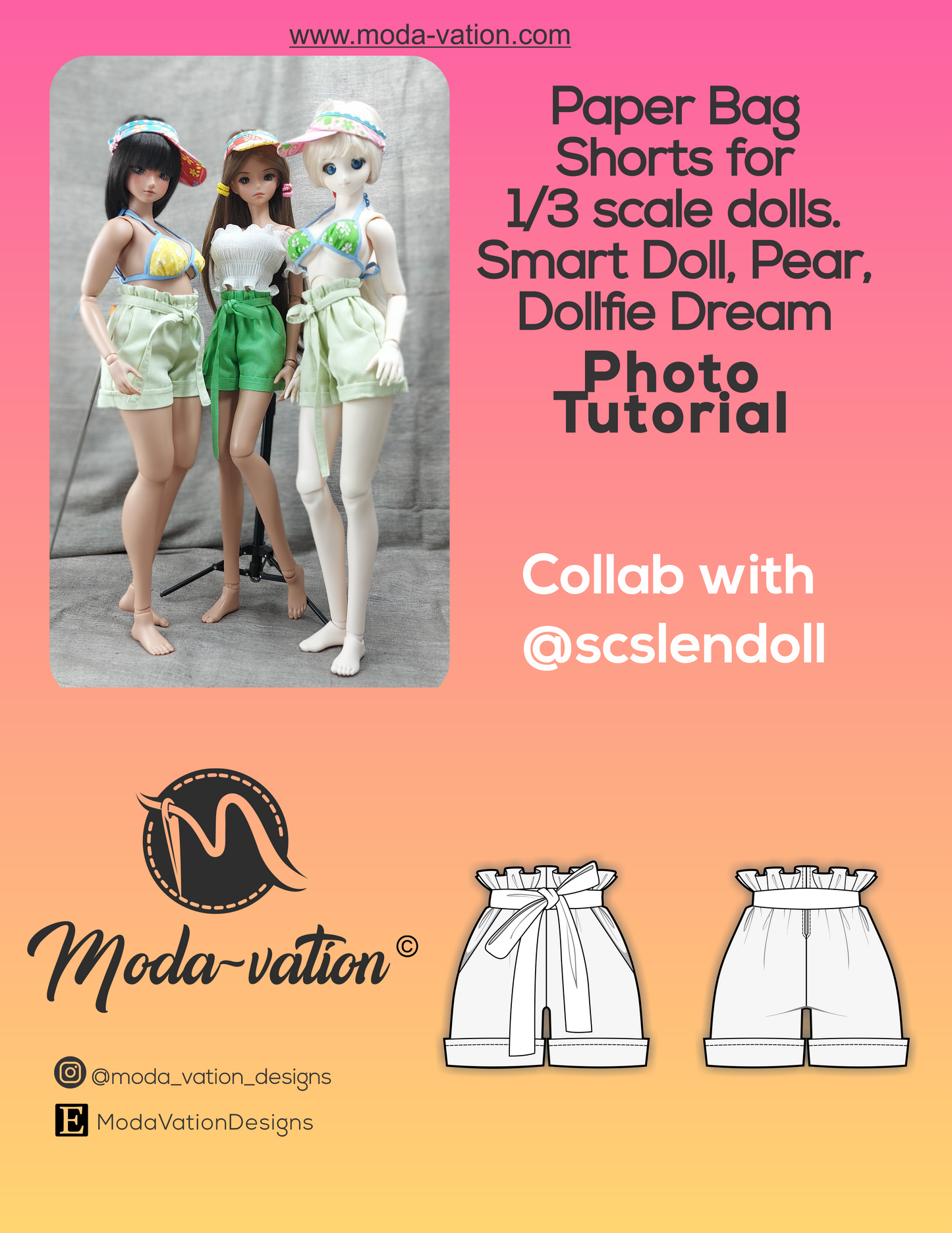 Paper Bag Shorts Bundle ONE. Sewing Pattern for Smart Doll, Pear and Dollfie Dream. Step-by-step. Doll clothes patterns PDF.