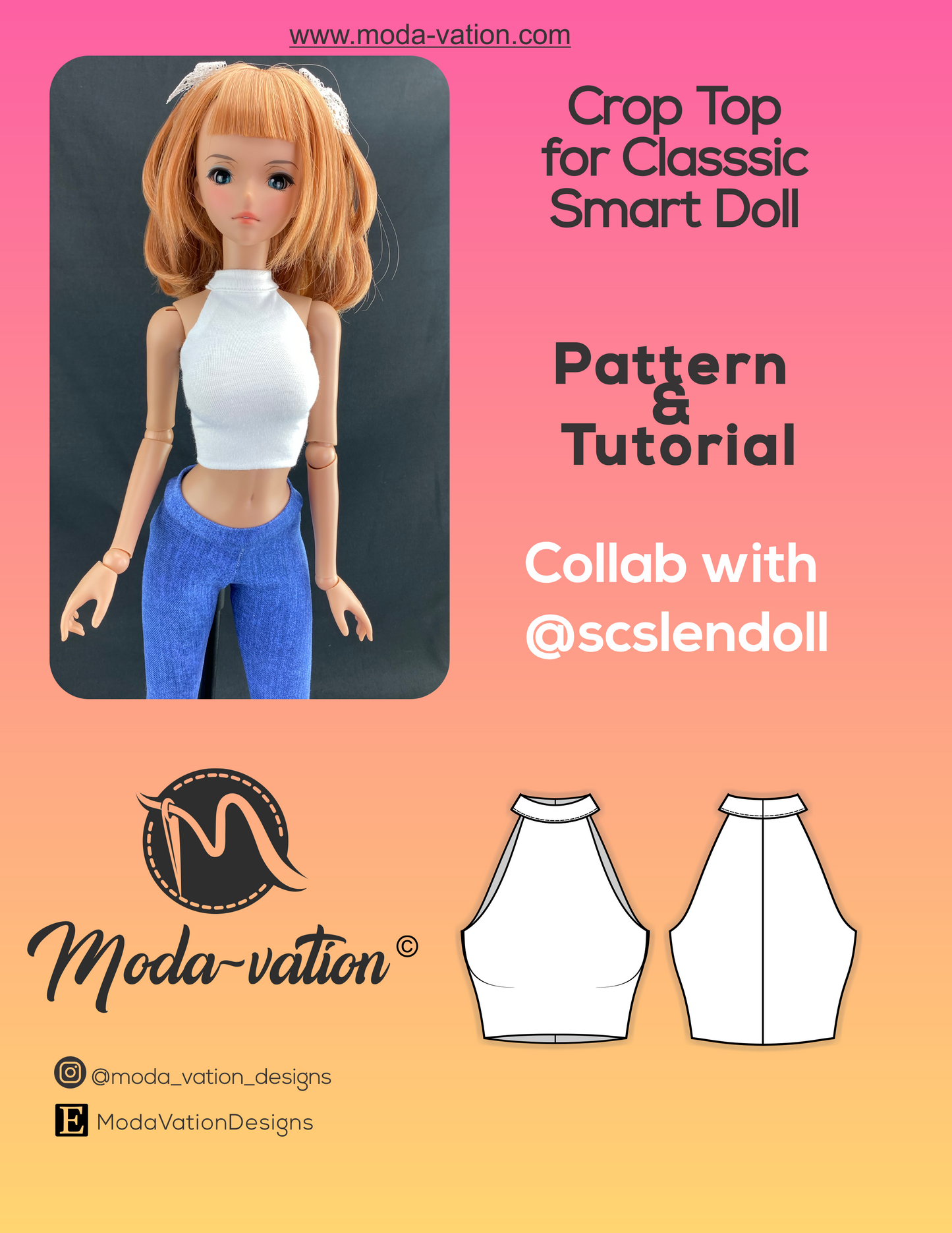 Crop Top Bundle. For Pear Body, and Classic Body Smart Dolls. Crop Top with closed and open back. Doll clothes patterns PDF.