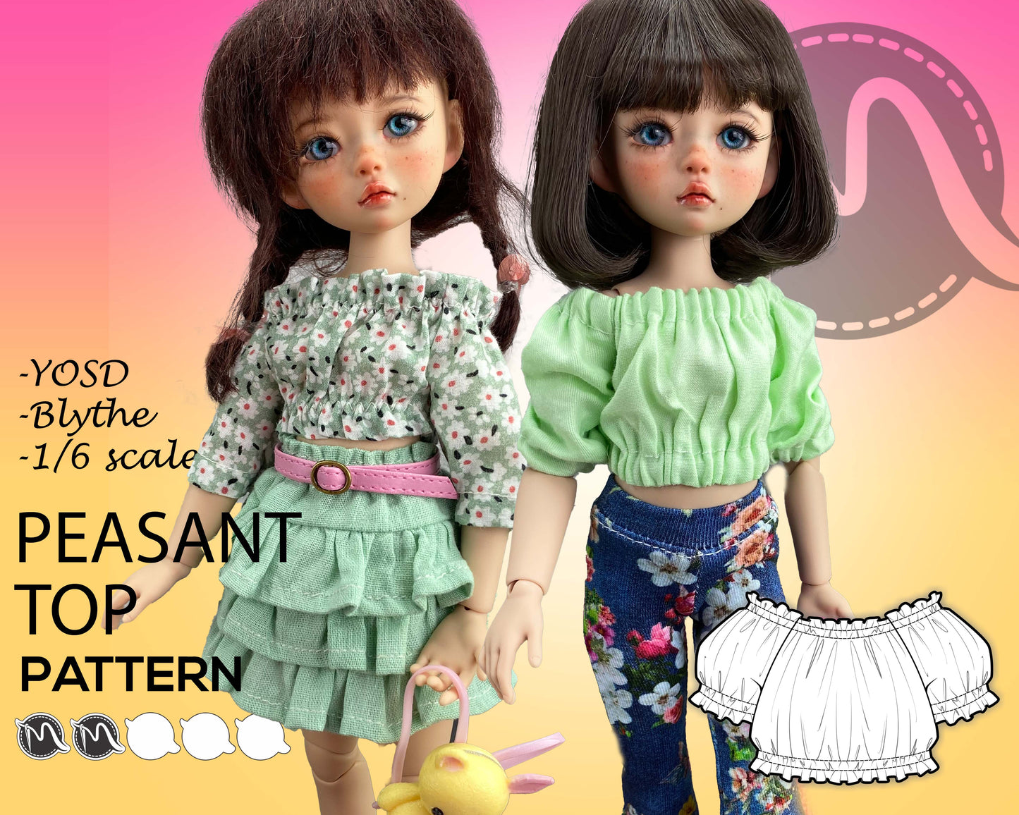 Peasant Top Pattern For Blythe, YOSD, Integrity Toys. Taylor Country Top for 1:6 scale dolls. Doll clothes patterns PDF.