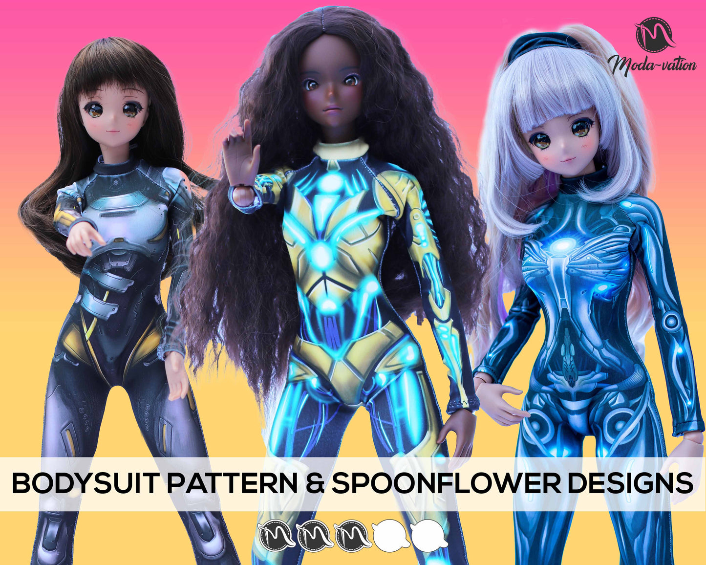 Bodysuit sewing pattern for Smart Doll and 3 robot theme designs for Spoonflower fabric.