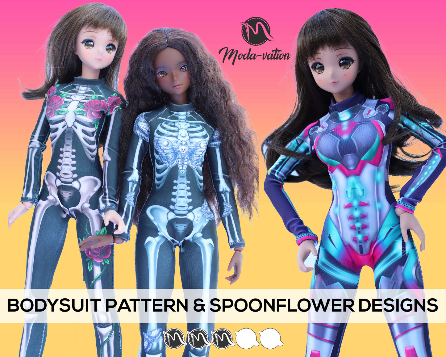 Catsuit sewing pattern for Smart Doll and 3 cosplay designs for Spoonflower fabric.