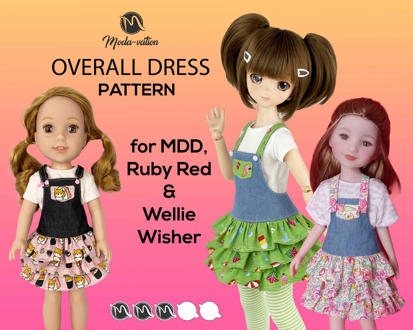 Overall dress, dungaree Sewing Pattern for MDD, Ruby Red or Wellie Wishers