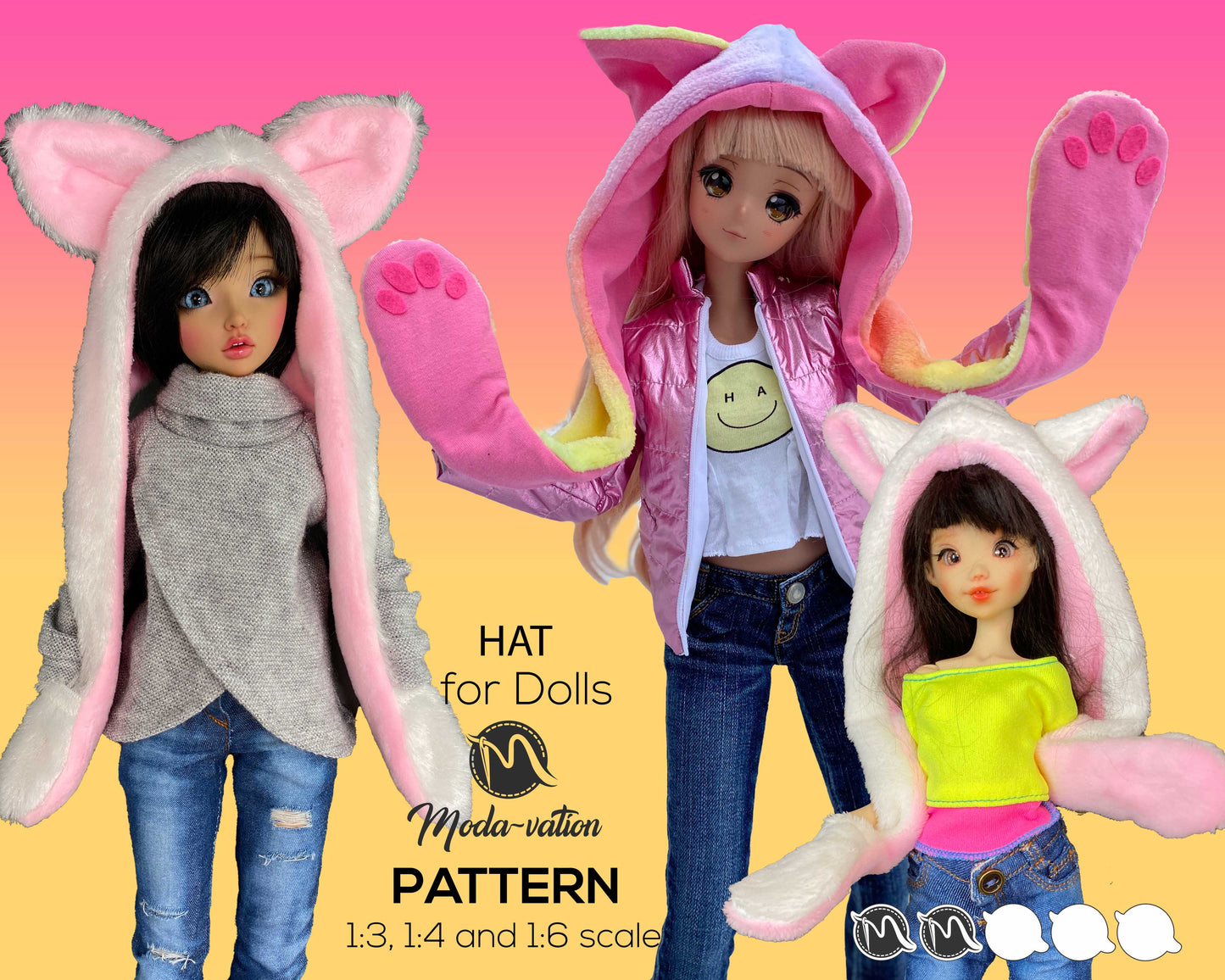 DOLL HAT pattern for 1/3, 1/4 and 1/6 scale doll, Smart Doll, MInifee, Momoni, Digital Download, Doll clothes patterns pdf