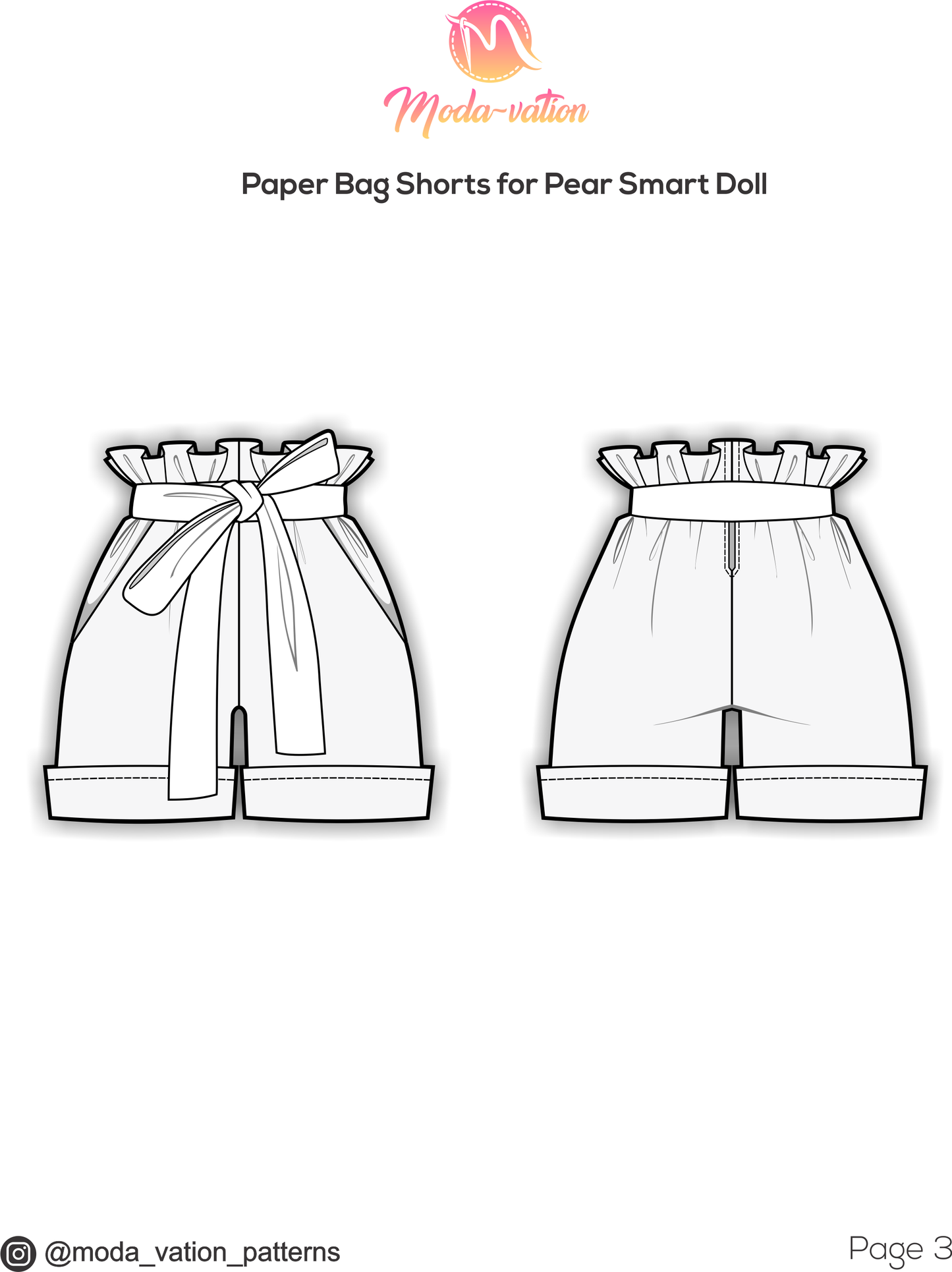 Paper Bag Shorts Pattern for Pear Smart Doll. Step-by-step tutorial with photo process. Doll clothes patterns PDF.