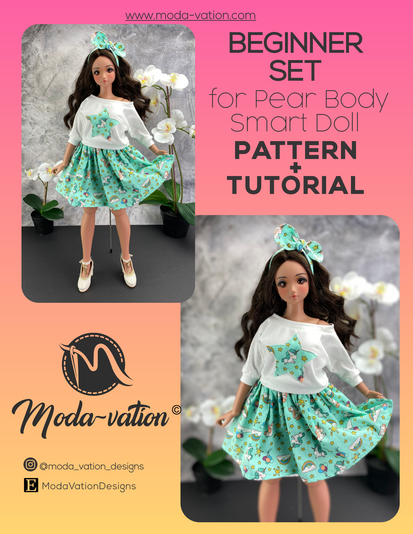 Smart Doll Pear Body PATTERN for beginners. Oversized Crop Top, Gathered Skirt, and Headbands. Smart Doll Pear Body Clothes.