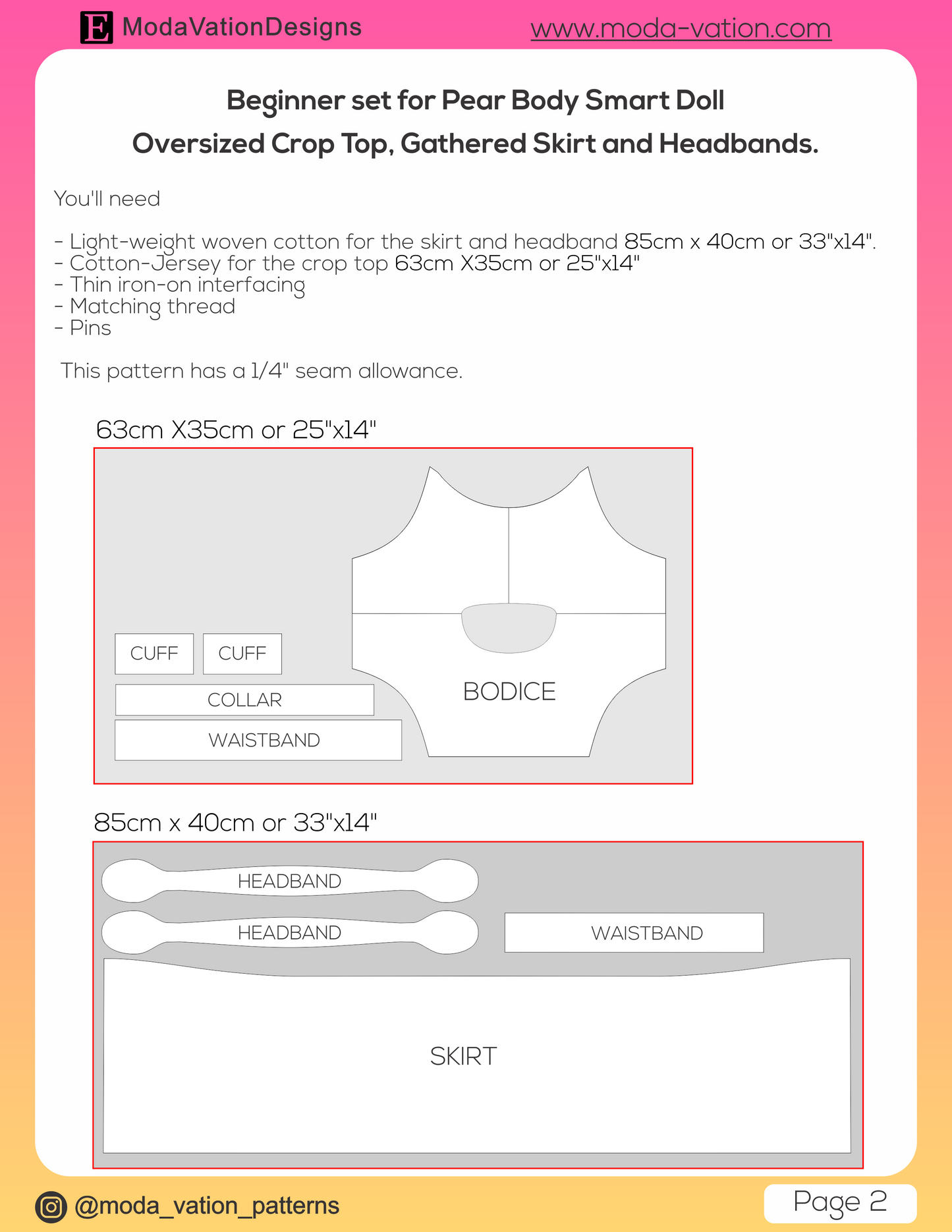 Smart Doll Pear Body PATTERN for beginners. Oversized Crop Top, Gathered Skirt, and Headbands. Smart Doll Pear Body Clothes.