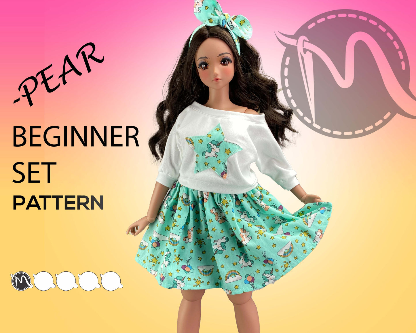 Smart Doll Pear Body PATTERN for beginners. Oversized Crop Top, Gathered Skirt, and Headbands. Smart Doll Pear Body Clothes.