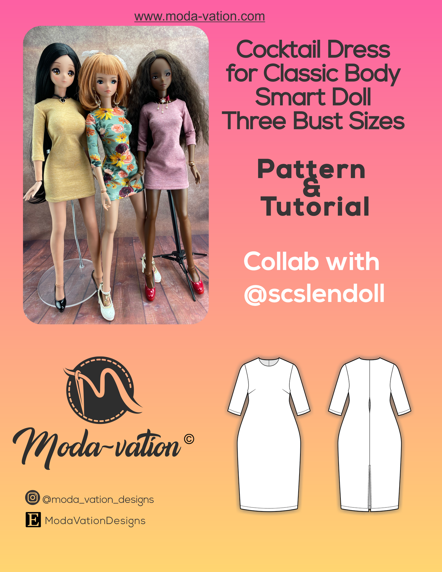 Smart Doll Cocktail Dress. Smart Doll Classic Pattern for three busts large, medium, and default. Doll clothes patterns PDF.