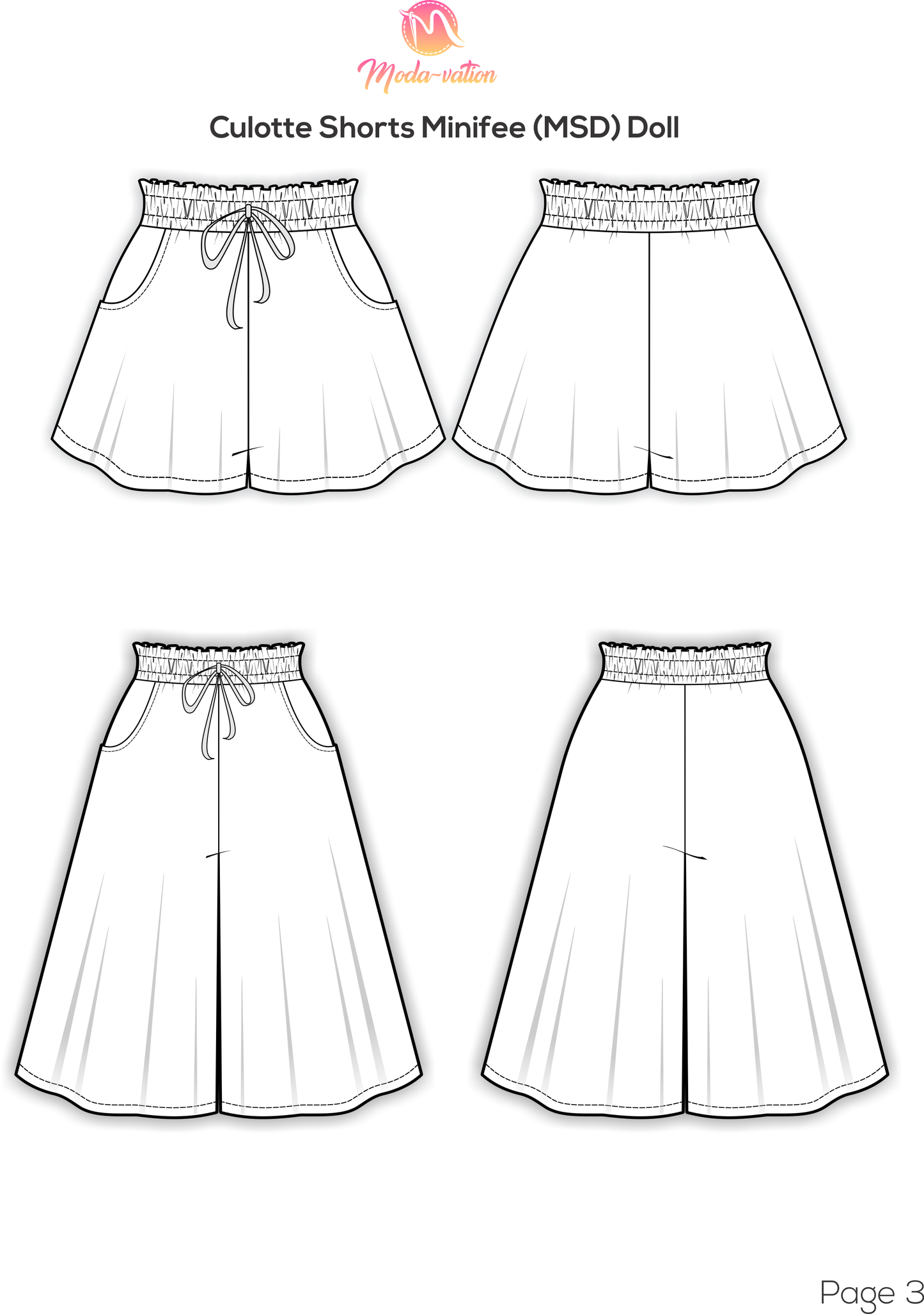 Shorts-Skirt and Culotte Short for Minifee doll. Fits other MSD bjd dolls. Harucasting, Upla dolls, and others. Doll clothes patterns PDF.