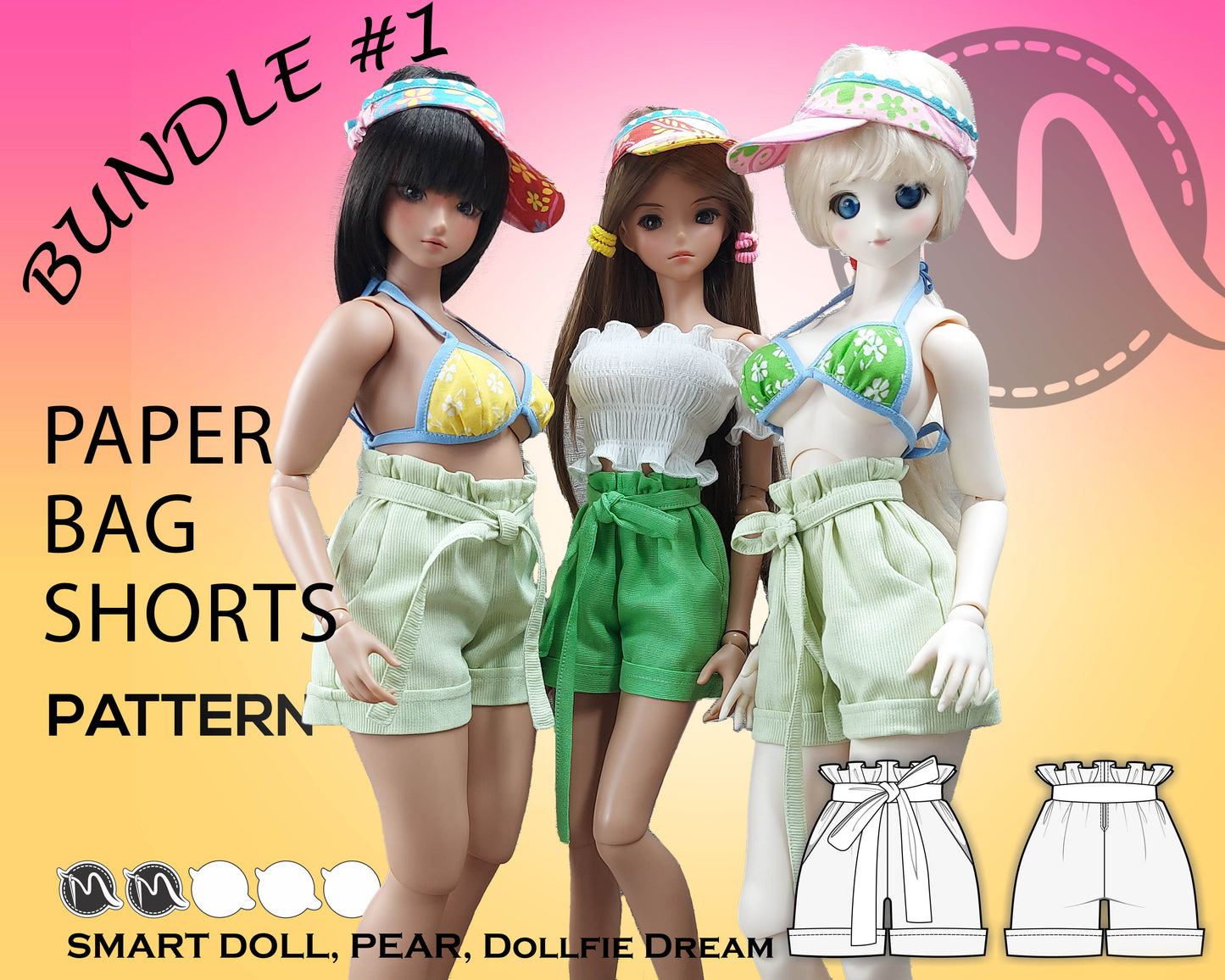 Paper Bag Shorts Bundle ONE. Sewing Pattern for Smart Doll, Pear and Dollfie Dream. Step-by-step. Doll clothes patterns PDF.