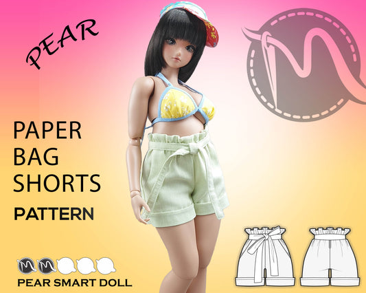 Paper Bag Shorts Pattern for Pear Smart Doll. Step-by-step tutorial with photo process. Doll clothes patterns PDF.