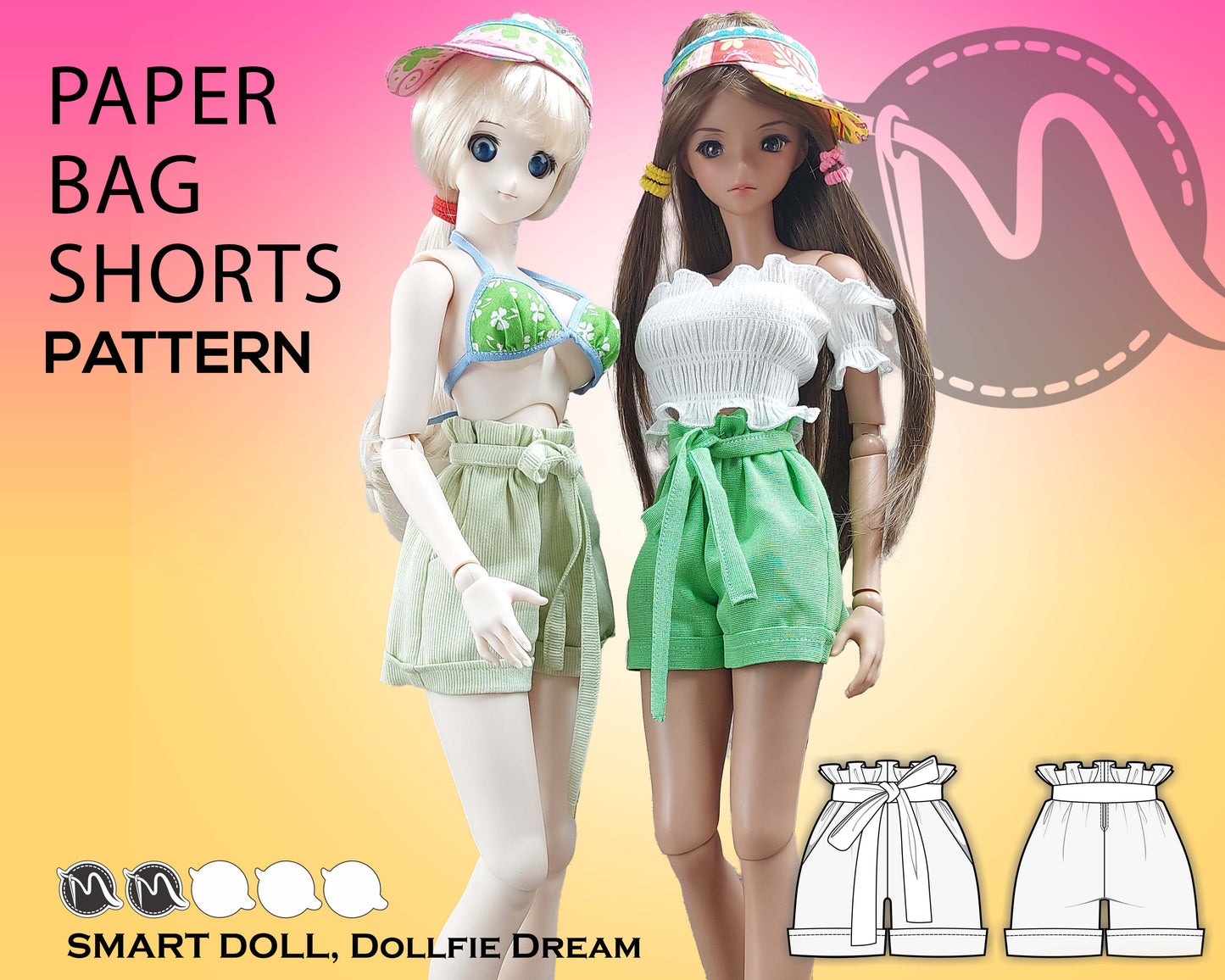 Paper Bag Shorts Pattern for Smart Doll and Dollfie Dream. Step-by-step tutorial with photo process. Doll clothes patterns PDF.