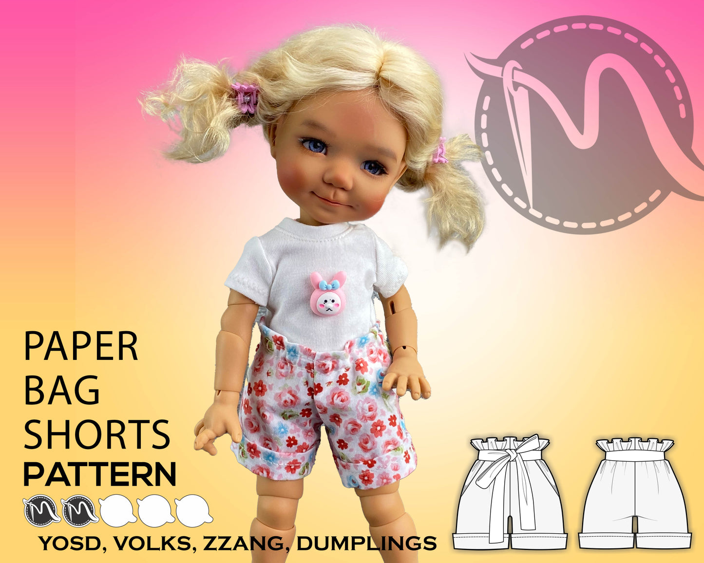 Paper Bag Shorts for YOSD size BJD dolls. Sewing Pattern for Volks, Zzang, Akagi, Dumplings. Step-by-step. Doll clothes patterns PDF.