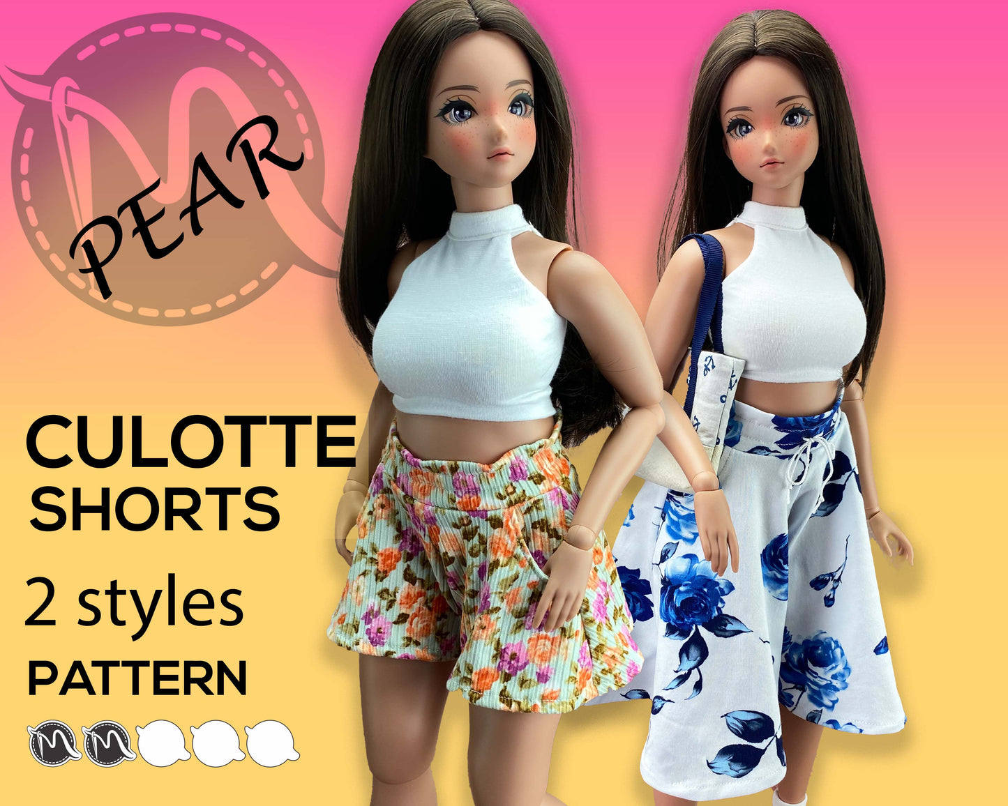 Shorts-Skirt and Culotte Short for Pear Body doll. Fits other 1/3 bjd dolls. Doll clothes patterns PDF.