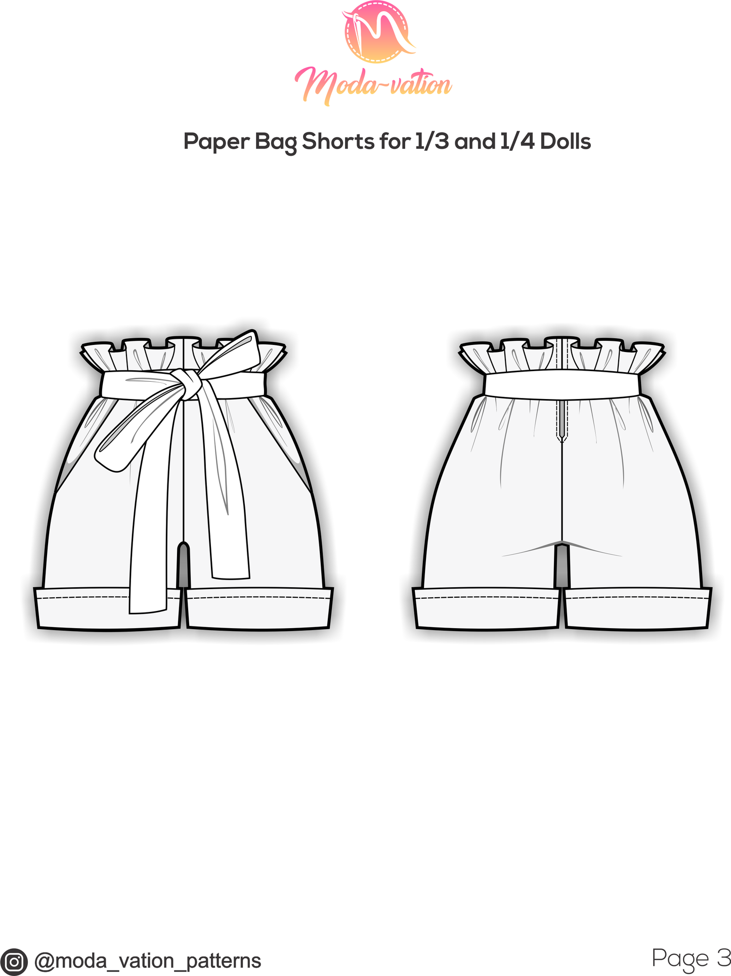 Paper Bag Shorts Bundle TWO. Sewing Pattern for Smart Doll, Pear, Dollfie Dream, and Minifee. Step-by-step. Doll clothes patterns PDF.