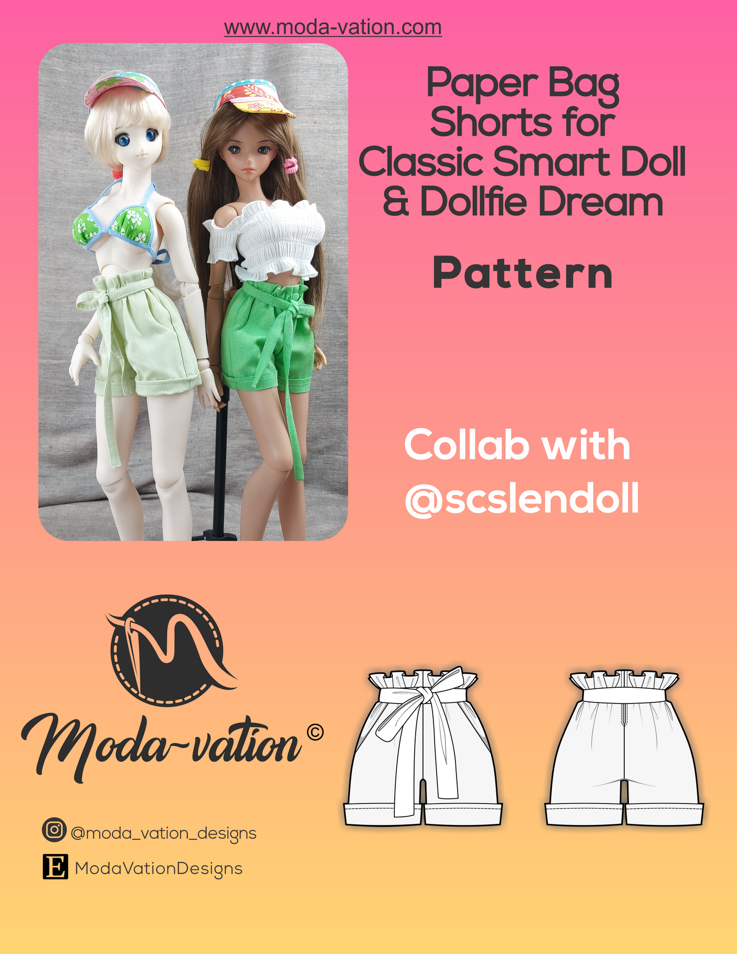 Paper Bag Shorts Pattern for Smart Doll and Dollfie Dream. Step-by-step tutorial with photo process. Doll clothes patterns PDF.