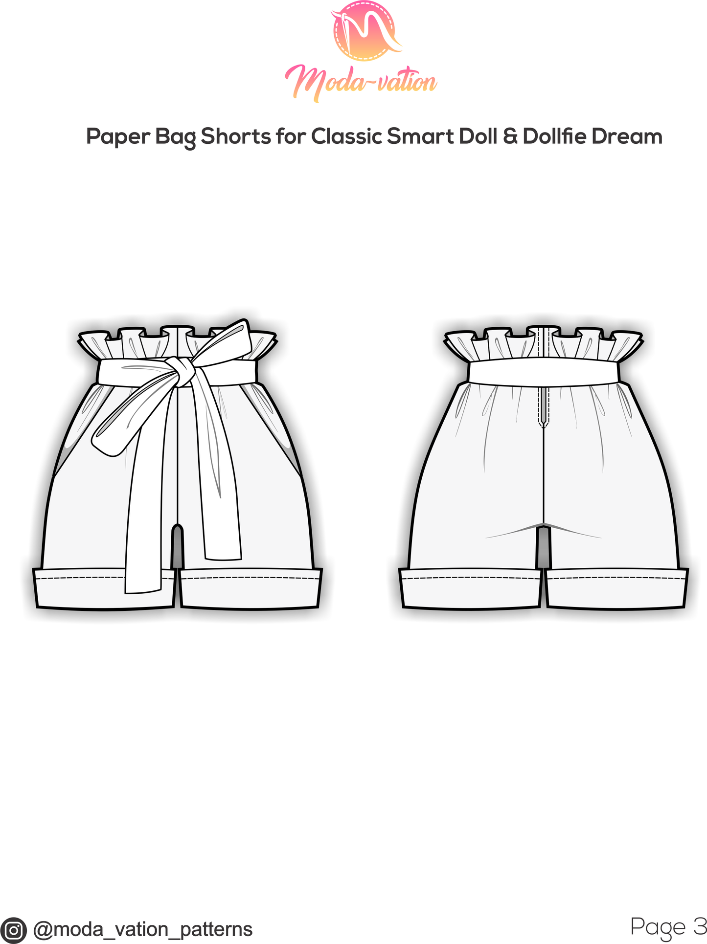 Paper Bag Shorts Pattern for Smart Doll and Dollfie Dream. Step-by-step tutorial with photo process. Doll clothes patterns PDF.