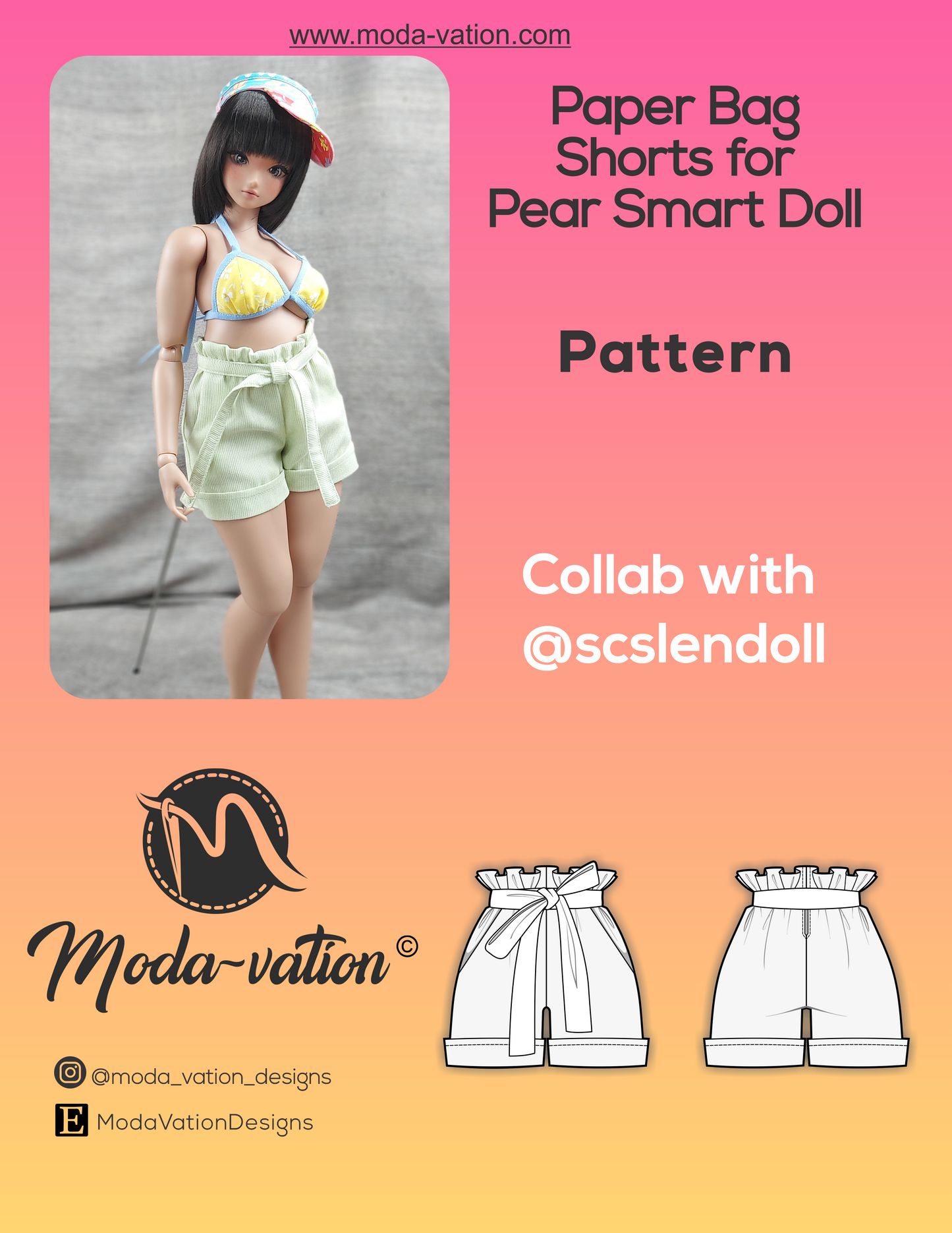 Paper Bag Shorts Pattern for Pear Smart Doll. Step-by-step tutorial with photo process. Doll clothes patterns PDF.