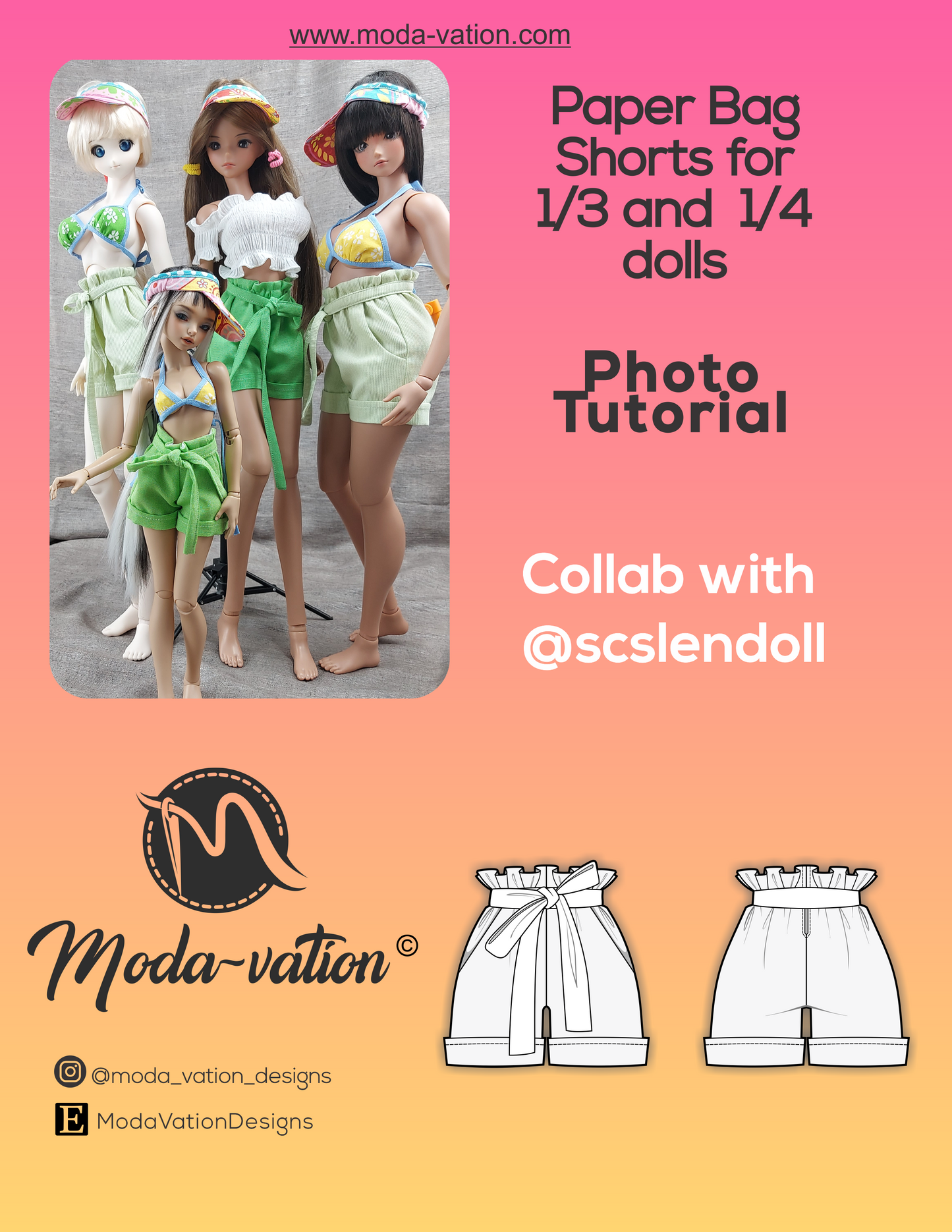 Paper Bag Shorts Bundle TWO. Sewing Pattern for Smart Doll, Pear, Dollfie Dream, and Minifee. Step-by-step. Doll clothes patterns PDF.