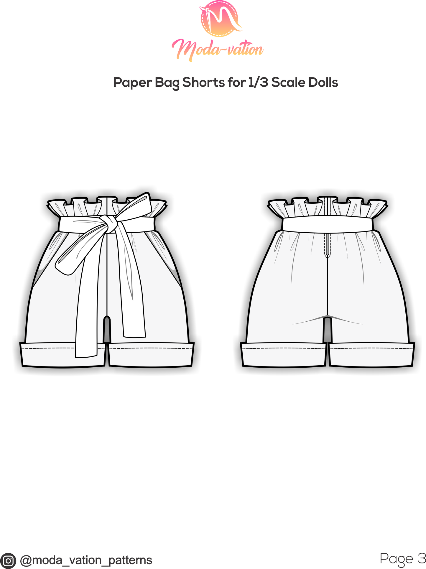 Paper Bag Shorts Bundle ONE. Sewing Pattern for Smart Doll, Pear and Dollfie Dream. Step-by-step. Doll clothes patterns PDF.