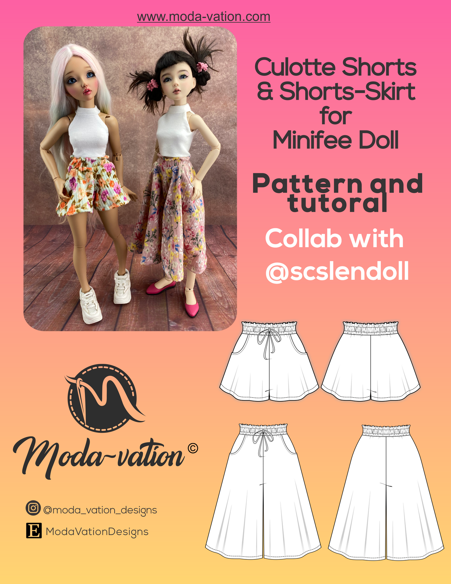 Shorts-Skirt and Culotte Short for Minifee doll. Fits other MSD bjd dolls. Harucasting, Upla dolls, and others. Doll clothes patterns PDF.