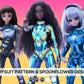 Bodysuit sewing pattern for Smart Doll and 3 robot theme designs for Spoonflower fabric.