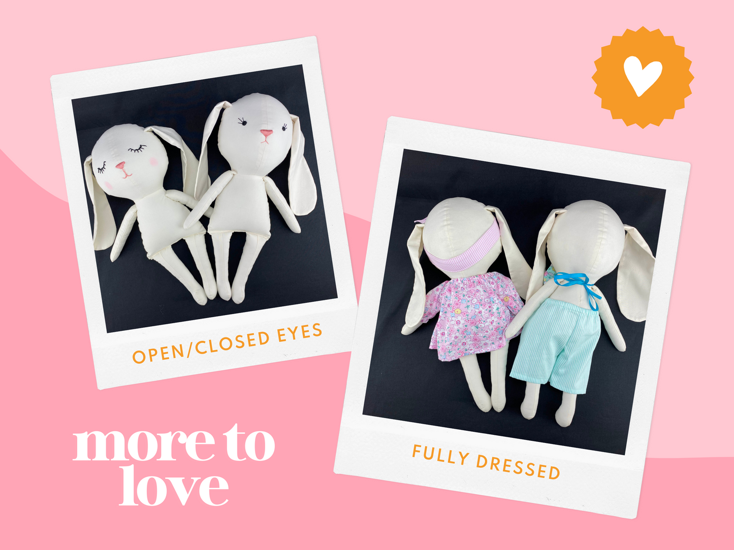Bunny Toys sewing pattern. Bunny girl and boy. Dress and Headband, Pants and bow. Video Tutorial on YouTube.