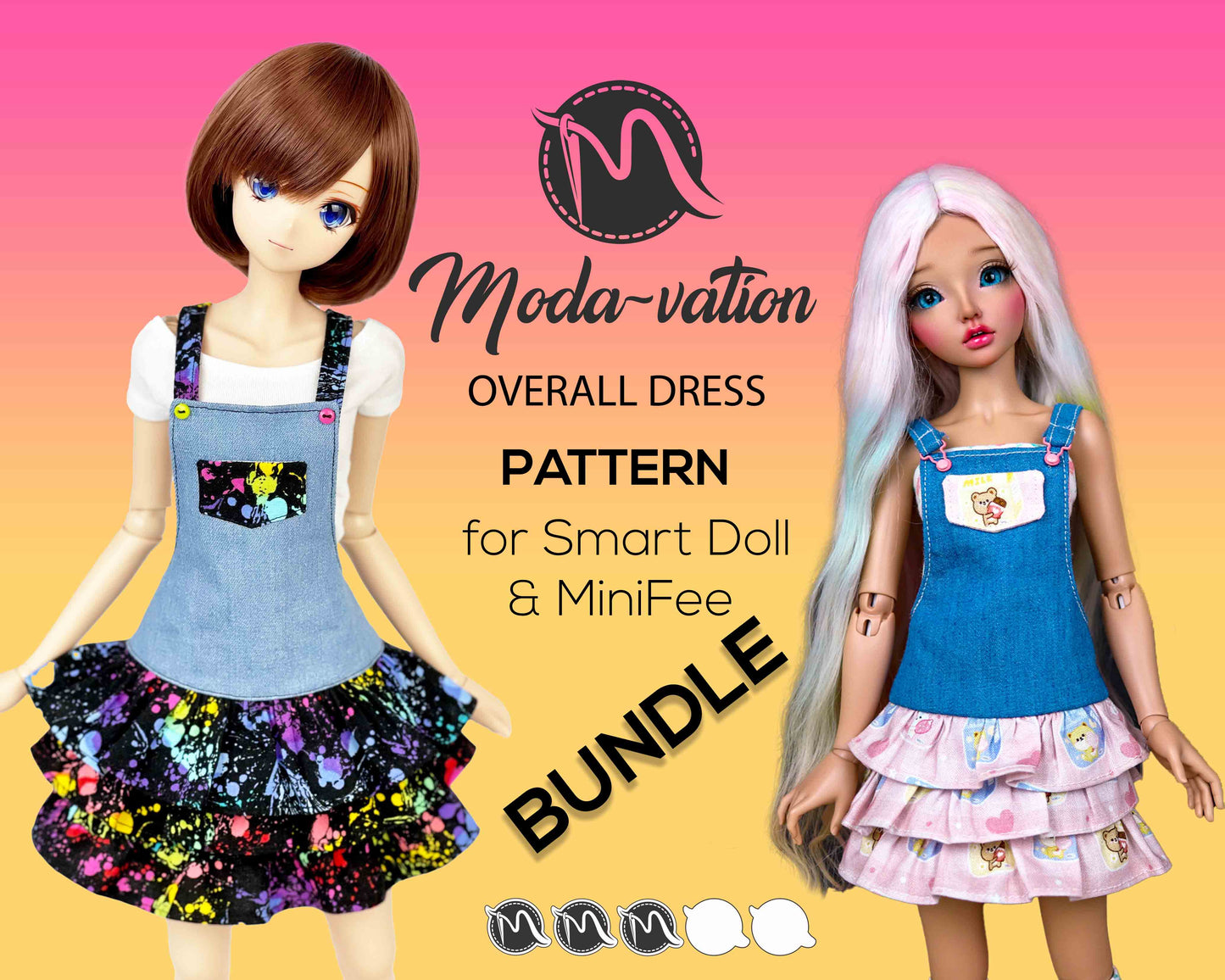 MiniFee and Smart Doll PATTERN Overall dungaree skirtall Bundle.